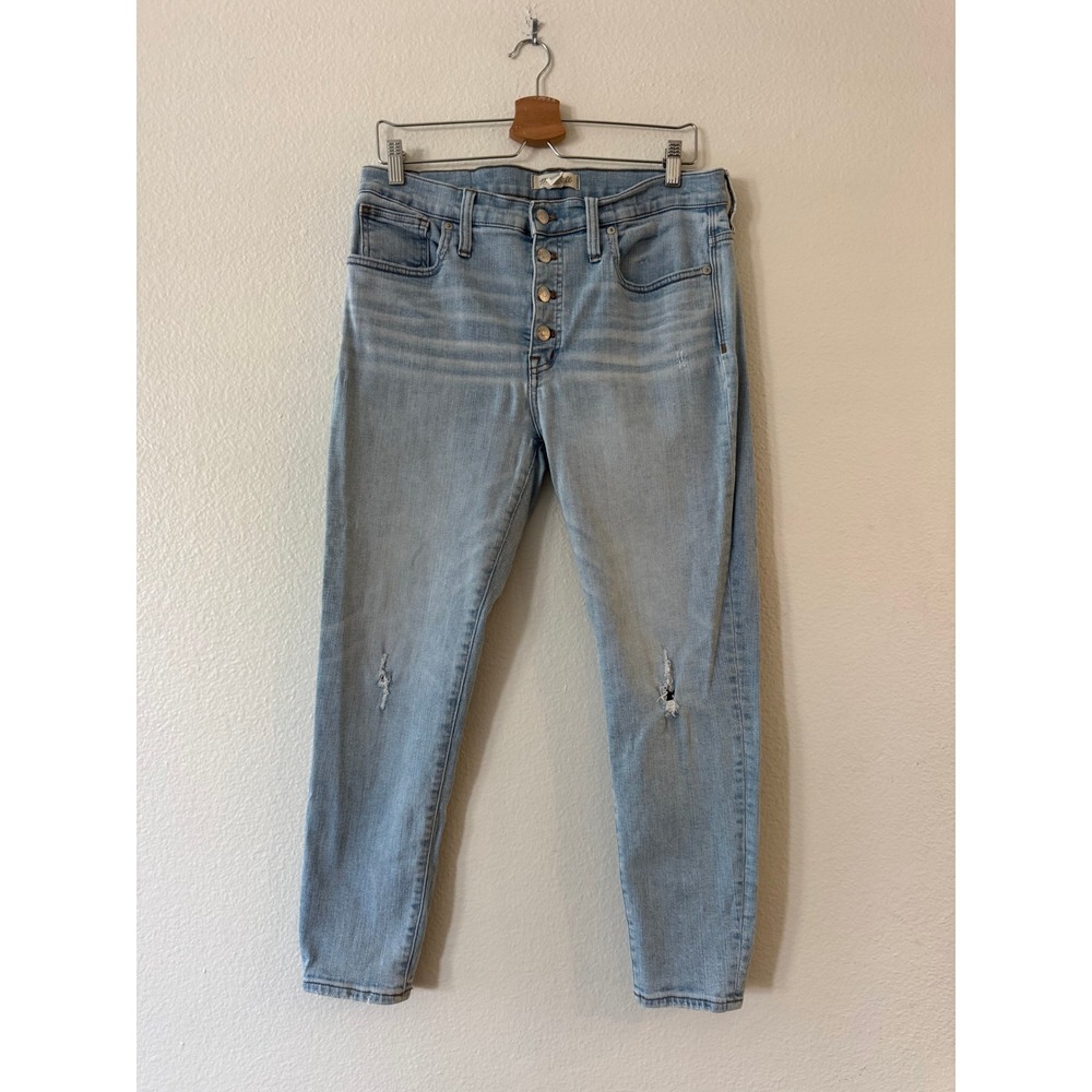 Madewell 9" High-Rise Skinny Jeans Button Fly Distressed 31 Light Blue Good